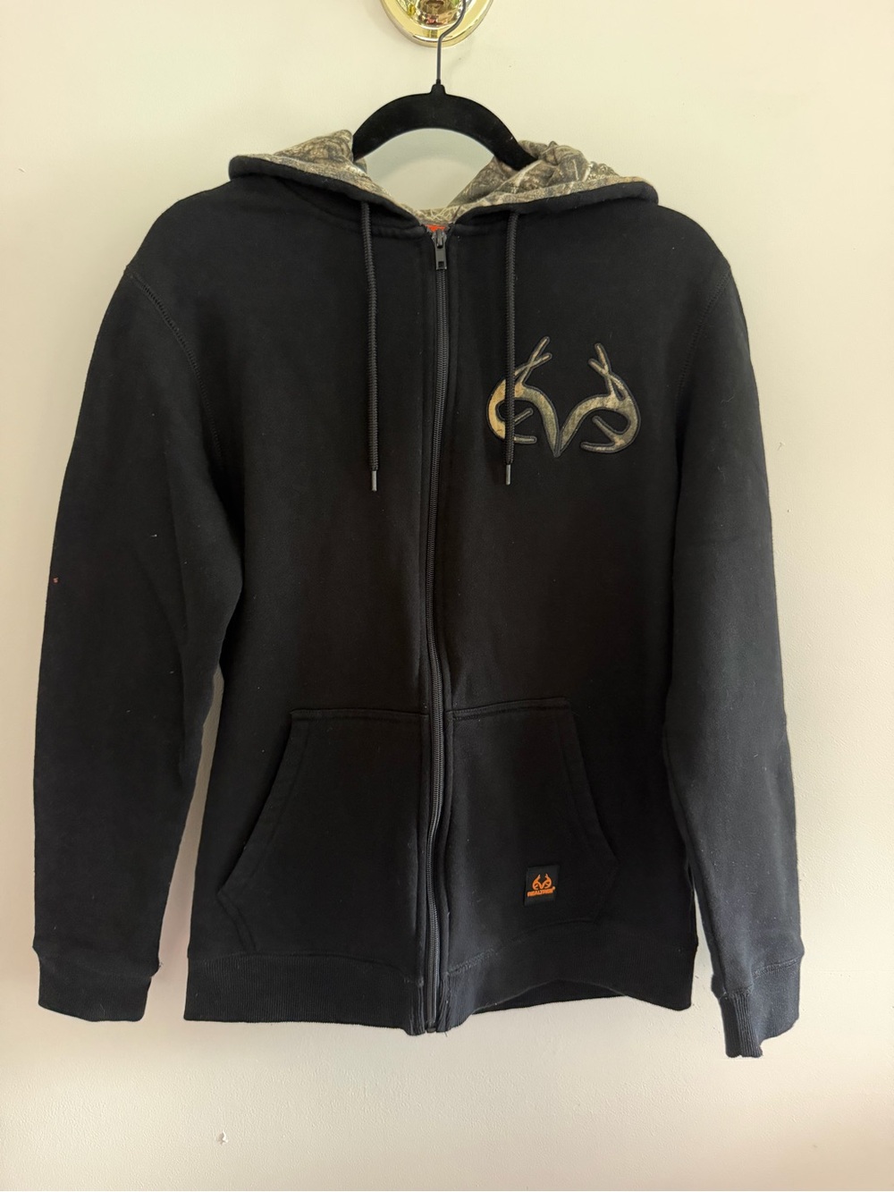 REALTREE Black Zip-Up Hoodie with Camo Hood Lining